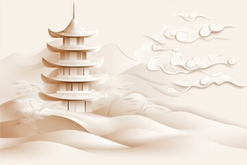 Aufkleber - A simple representation of a Khmer pagoda roof, drawn with clean lines and a soft gradient background