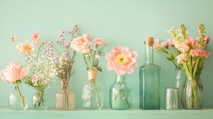 Aufkleber - Delicate glass bottles nestled among pastel flowers, creating an elegant and calming scene set against a soft mint green background, perfect for spring decor