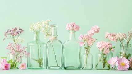 Aufkleber - Delicate glass bottles nestled among pastel flowers, creating an elegant and calming scene set against a soft mint green background, perfect for spring decor