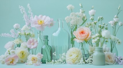 Aufkleber - Delicate glass bottles nestled among pastel flowers, creating an elegant and calming scene set against a soft mint green background, perfect for spring decor