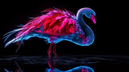 Poster - Neon-lit swan with vibrant red and blue feathers reflected in dark water.