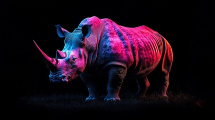 Aufkleber - Neon-lit rhinoceros standing in darkness.