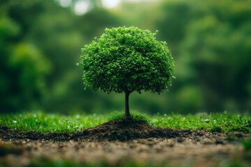 Wall Mural - Green tree stands prominently on soil amidst blurred forest background during daylight hours