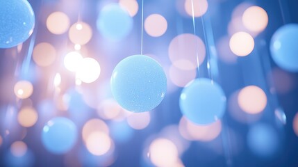 Poster - Luminous spherical cells with a glowing blue hue, suspended against a soft, blurred background, creating a serene, scientific atmosphere filled with delicate light