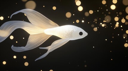 Aufkleber - Glowing white betta fish swimming in dark water with bokeh lights.