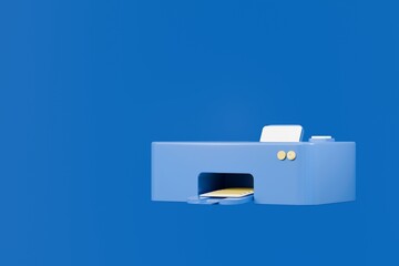 Poster - 3d Paper Printer with document icon. Office Equipment Concept. Digital Print technology concept. Minimal Paper printer machine with paper document isolated on transparent background. PNG. 3d render.
