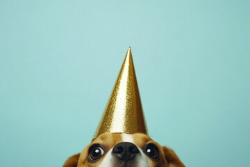 Poster - Beagle dog wearing a gold party hat against a light blue background.