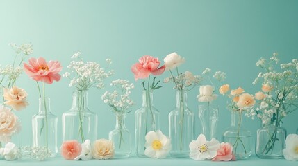 Aufkleber - Pastel-themed floral decor featuring transparent glass bottles with delicate flowers, set against a calming mint green background for a soft, serene aesthetic