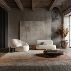 Poster - A living room with a white couch and two chairs. A coffee table is in the middle of the room. A painting is on the wall