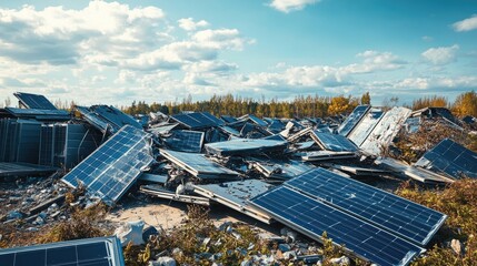 Poster - Piles of damaged solar panels are being carefully sorted and prepared for recycling, emphasizing environmental responsibility and sustainability efforts