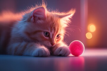 Poster - A vibrant 3D illustration of a kitten playing with a red ball, with lifelike fur textures and dynamic lighting
