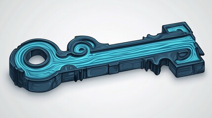 Poster - Abstract 3D rendered ornate key, teal and dark blue, isolated on white background.