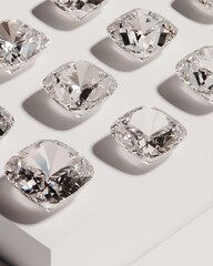 Aufkleber - Close-up of several clear, square-cut gemstones arranged on a white surface, showcasing their brilliance and facets.