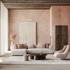 Poster - A living room with a white wall and a pink wall. There is a couch and a chair in the room