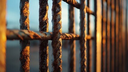 Poster - Rusted, intertwined metal bars with a soft glow in the background, illuminated under the evening sky, offering an abstract and industrial aesthetic