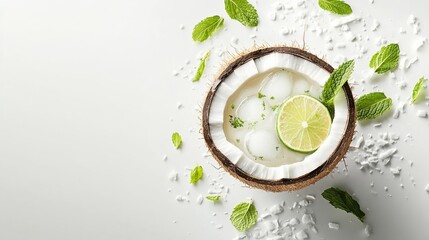 Poster - Refreshing coconut lime drink in coconut shell with ice and mint.