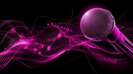 Poster - Pink microphone with musical notes and waves on black background.