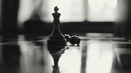 Poster - Black and white close-up of a chess king standing over a fallen king on a reflective chessboard.