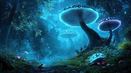 Poster - Giant bioluminescent mushrooms glowing in an ethereal forest bathed in blue mist, with strange creatures lurking in the shadows.