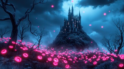 Poster - A majestic castle perched atop a towering cliff, overlooking a magical forest with glowing flora and whimsical creatures.