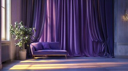 Poster - Softly lit purple velvet curtains billow gently in a stylish room, enhancing the luxury interior design and creating a sophisticated ambiance perfect for event decorations