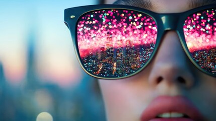 Poster - A portrait of a person wearing sunglasses reflecting a cityscape illuminated by neon lights, conveying a sense of urban cool and mystery.