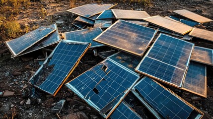 Poster - Solar panels in disrepair, laid out for inspection and recycling, representing sustainable energy practices and the commitment to eco-friendly energy solutions