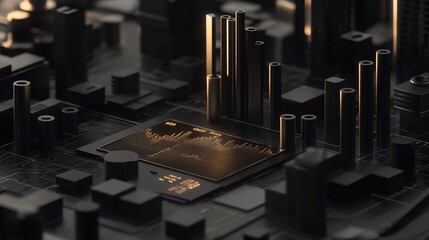 Aufkleber - Abstract 3D rendering of a futuristic city integrated with a microchip displaying data.