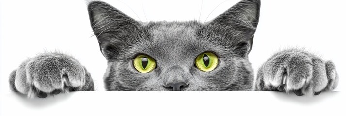 Aufkleber - Gray cat peeking over white surface, paws visible.