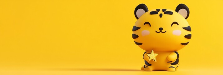 Poster - Cute cartoon tiger cub holding a star on yellow background. (1)