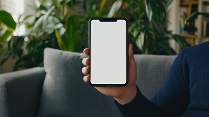 Leinwandbilder - Man is sitting on a sofa in his living room, holding a smartphone with a blank white screen, perfect for showcasing mobile apps or websites