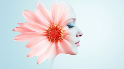 Poster - A double exposure portrait with a person s face blended with an image of a flower, using color to highlight the connection between nature and humanity.