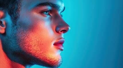 Poster - A close-up shot of a man s face partially obscured by shadows, with one side illuminated by a single, colored light source, creating a dramatic and mysterious effect.