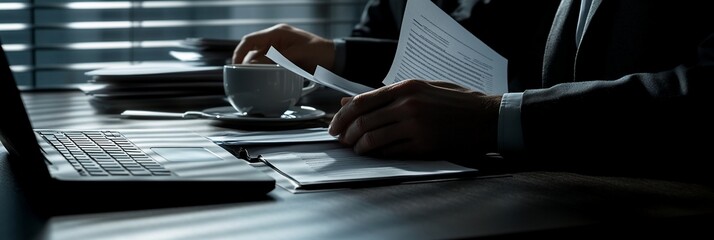 Fototapete - Businessman reviewing documents at desk with laptop and coffee.