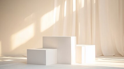 Aufkleber - Minimalist white podiums illuminated by sunlight against a sheer curtain backdrop.