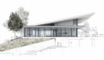 Poster - Architectural sketch of a modern, single-story house on a hillside with large windows and a sloping roof.
