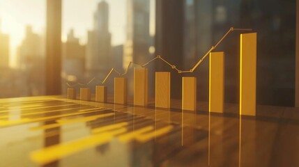 Poster - Golden bar graph showing upward trend, reflecting success in business, finance, and investment against a city skyline background.