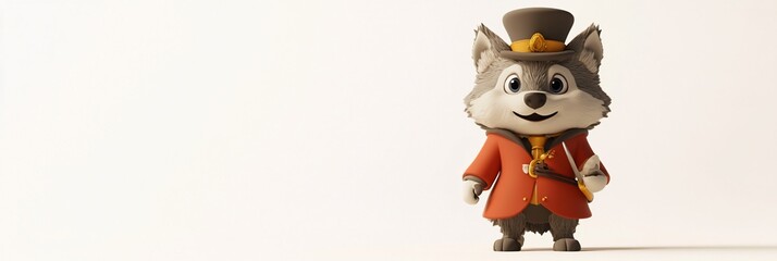 Poster - Cute cartoon wolf in a top hat and coat on white background.