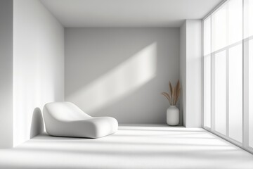 Poster - A serene minimalist interior featuring a sleek white lounge chair, large windows casting soft light, and a plant in a simple vase. Ideal for modern decor concepts.