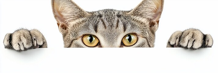 Poster - Curious tabby cat peeking over white background with paws showing.