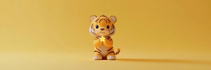 Poster - Cute cartoon tiger cub holding a glowing star on yellow background.
