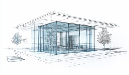 Poster - Architectural sketch of a modern glass building with trees.
