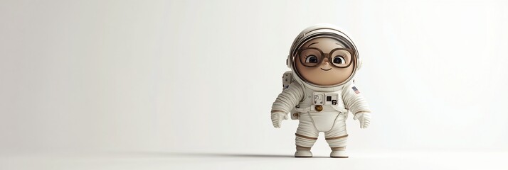 Poster - Cute cartoon astronaut in space suit standing against white background.