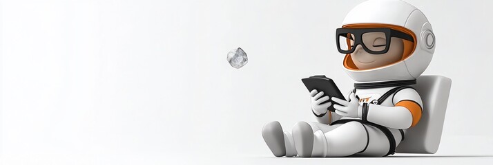 Aufkleber - Cute cartoon astronaut using tablet, floating object in background.