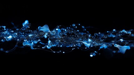Aufkleber - Abstract blue glowing particles flowing on black background.