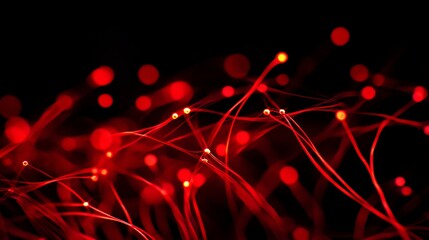 Fototapete - abstract red glowing lines and dots on black background.
