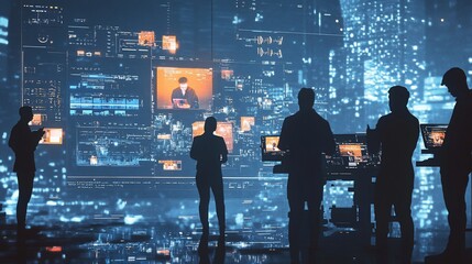 Poster - Silhouetted team analyzing data on large screen displays showing charts, graphs, and city lights at night.
