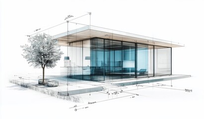 Poster - Architectural blueprint of a modern glass house with a tree. (2)