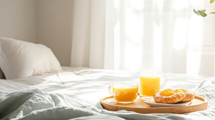 Poster - Sunlight streams through window illuminating breakfast tray on comfortable bed with orange juice and fresh pastries, creating idyllic morning scene during summer holiday