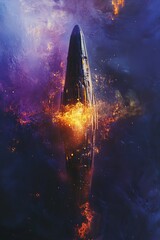 Wall Mural - spaceship is shown in the sky with a lot of fire and smoke. the ship is surrounded by a lot of debri